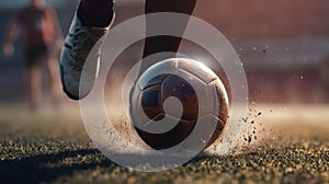 Foot kicks a soccer ball on the football field close-up. Generative AI