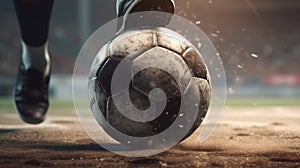 Foot kicks a soccer ball on the football field close-up. Generative AI