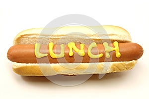 Foot Long Hot Dog with Lunch written in mustard