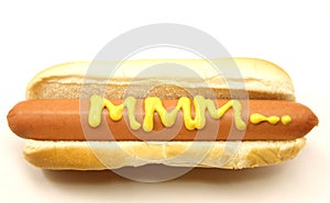 Foot Long Hot Dog with MMM... written in mustard.