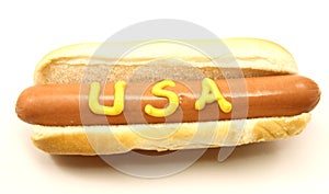 Foot Long Hot Dog with USA written on it
