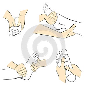 Foot massage. hand movements for feet massage. medical recommendations. vector illustration.