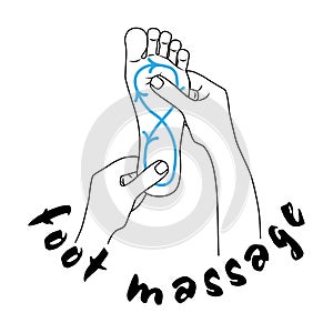 Foot massage,  indicating the direction of movement. Inspection, prevention reflexes and therapy. Reflexology.  The hands of a mas