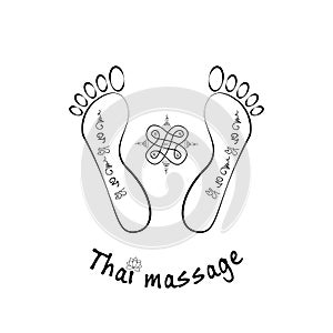 Foot massage logo. Thai foot massage. Silhouette of a foot and a Thai pattern. Reflexology