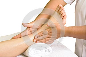 Foot massage, spa foot oil treatment in white background