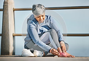 Foot, pain and old woman with injury, fitness outdoor and medical emergency and inflammation with red overlay. Muscle