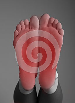 Foot pain. Woman feet with red point. Arthritis, gout, tendinitis, plantar fasciitis, injury, overuse, poorly fitting