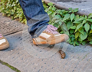 Foot of a pedestrian who is about to step on a dog poop