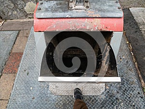 Foot pressing pedal on dirty trash container