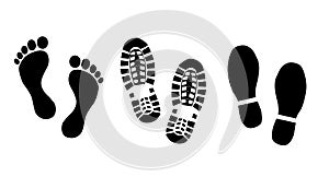 Foot print vector illustration set with shoes bare feet and boot print