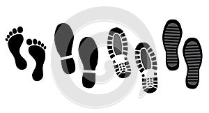 Foot print vector illustration set with shoes bare feet and boot print