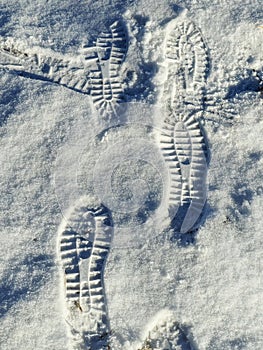 foot prints in winter, vertical view