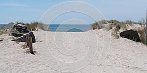 Foot sandy path access beach in island Noirmoutier vendee France in web banner template header panorama