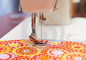 Foot sewing machine and fabric closeup