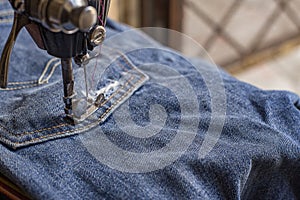 Foot of Sewing Machine on Jeans ready