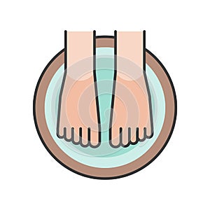 Foot spa, foot soak in wooden tub, filled outline icon