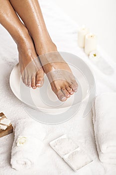 Foot spa on white background. Spa background.