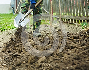 Foot with spade in dirt, farmer working