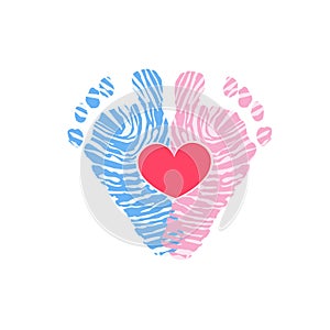 Foot steps. Baby girl. Baby boy. Twin baby icon. Baby gender reveal. Baby foot print made of finger prints