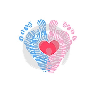 Foot steps. Baby girl. Baby boy. Twin baby icon. Baby gender reveal. Baby foot print made of finger prints photo