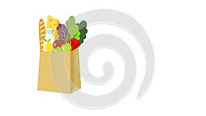 Footage animated illustration of sliding out emerging paper grocery bag with organic produce food. Vegetables fruits bread milk