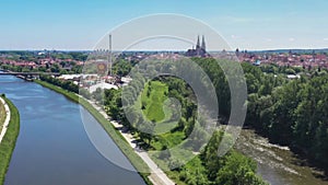 Footage of the city of Regensburg in Bavaria with a view of the Dult folk festival and cathedral, Germany