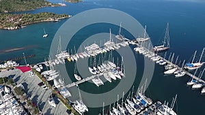 Footage from the drone. Flying over the marina for sailing yachts in the Mediterranean sea