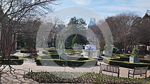 footage of a gorgeous winter landscape in the garden with bare trees, lush green plants, a water fountain with benches