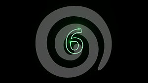 Footage. The light green number six 6 appears in a luminous dot that draws the number and then disappears into a black backgroun