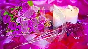 Footage motion of pink roses, candle burning and decoration Valentine