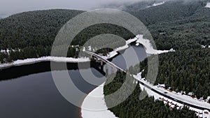 Footage of a panorama with mountain lake  bridge and pine forest