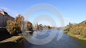 Footage of Timis river. View from the old iron bridge from downtown Lugoj city in Romania