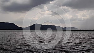 Footage of a water body with grey clouds in sky