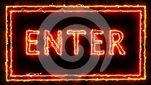 Footage. The word `Enter` in a yellow-red double frame appears on a black background and disappears. It is made in an electric sty