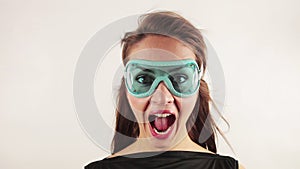 Footage of young woman wearing goggles