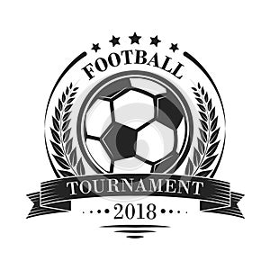 Footbal tournament logotype or emblem in retro style with stars, ribbon and laurel wreath.