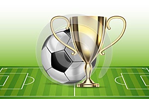 Football 2018 championship. Soccer ball, arena stadium and golden cup.