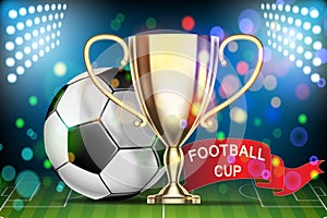 Football 2018 championship. Soccer ball, arena stadium, golden cup and red flag.