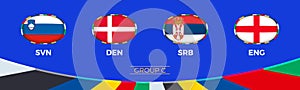 Football 2024 Group C participants of European soccer tournament, national flags stylized in tournament style