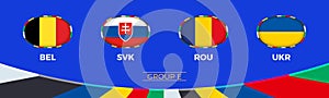 Football 2024 Group E participants of European soccer tournament, national flags stylized in tournament style