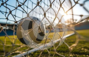 Football arena, soccer ball in the stadium, ball in soccer net, ball in the goal, close-up. Football match, championship, sports.