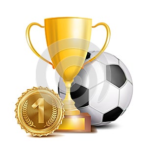 Football Award Vector. Sport Banner Background. Ball, Gold Winner Trophy Cup
