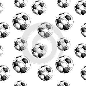 Football backdrop. Hand drawn seamless pattern with sketch style soccer balls. Black on white. Vector background.