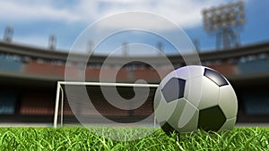 Football background, soccer ball on the grass at stadium