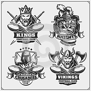 Football badges, labels and design elements. Sport club emblems with king, crusader, knight and viking.