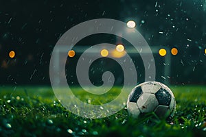 Football ball with drops of water on it on the grass in the evening during the rain. Ai generated