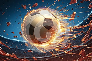 Football ball explodes mid air, dynamic action shot, intense energy