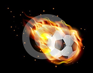 Football ball falling in flame blaze,soccer ball with fire tongues