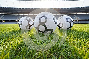 Football ball on fresh green grass pitch. Soccer ball at big stadium