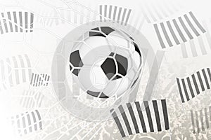 Football ball in goal net on crowd background with black and white vertical stripes club flag